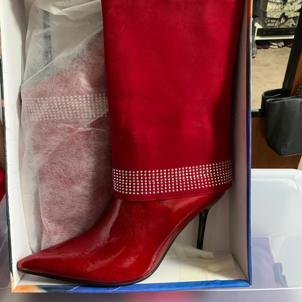 Red Paten-Leather & Suede Studded Boots
